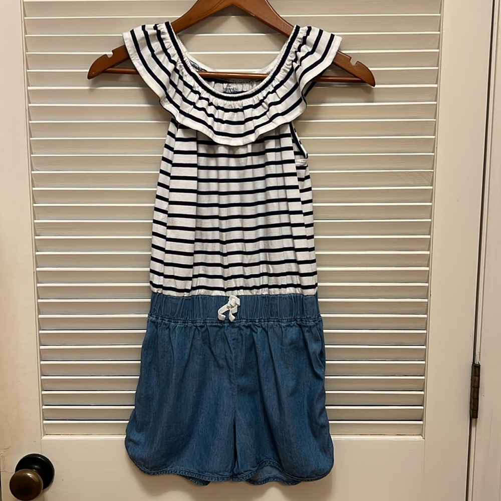 OshKosh B’Gosh Romper, Denim and Navy and White, Size 14, GUC